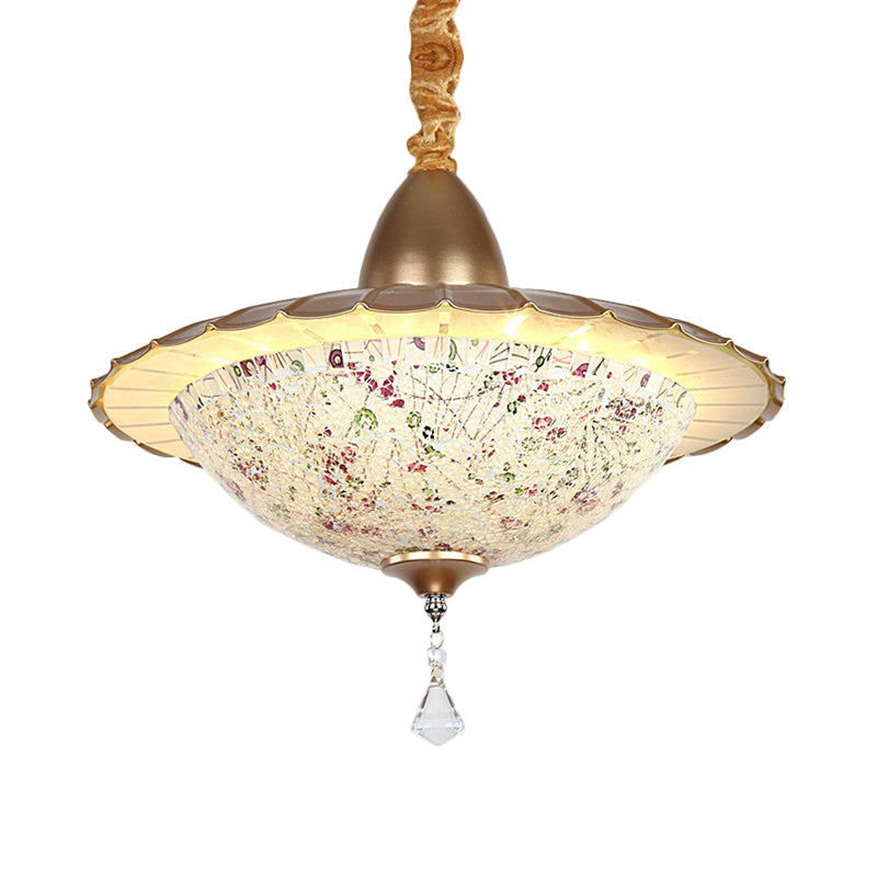 LED Bowl Chandelier Lighting Fixture Mediterranean White Cut Glass Suspension Pendant with Crystal Droplet Clearhalo 'Ceiling Lights' 'Chandeliers' 'Industrial' 'Middle Century Chandeliers' 'Tiffany Chandeliers' 'Tiffany close to ceiling' 'Tiffany' Lighting' 327731