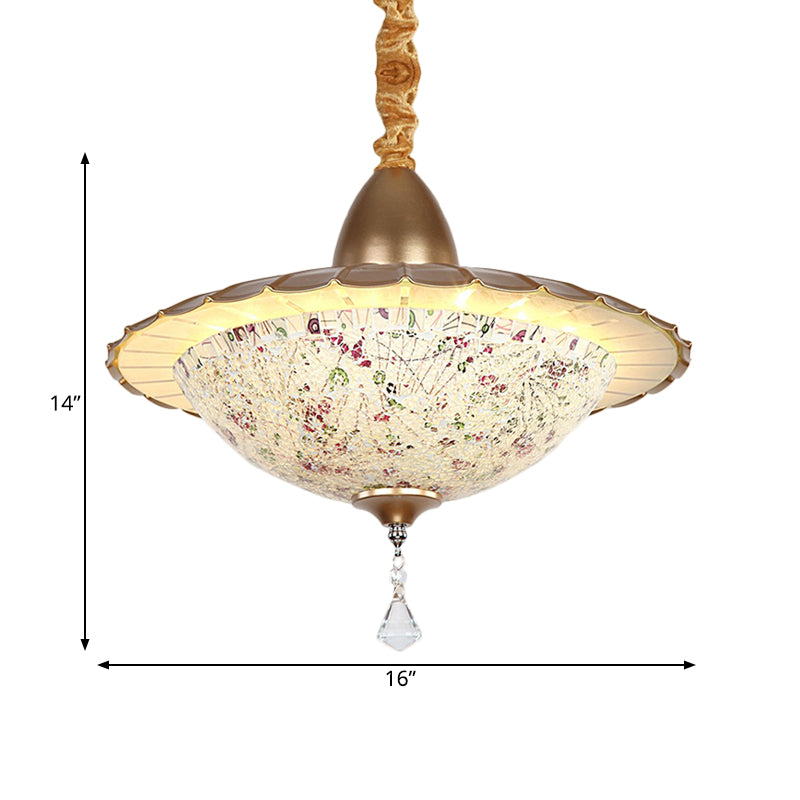 LED Bowl Chandelier Lighting Fixture Mediterranean White Cut Glass Suspension Pendant with Crystal Droplet Clearhalo 'Ceiling Lights' 'Chandeliers' 'Industrial' 'Middle Century Chandeliers' 'Tiffany Chandeliers' 'Tiffany close to ceiling' 'Tiffany' Lighting' 327732