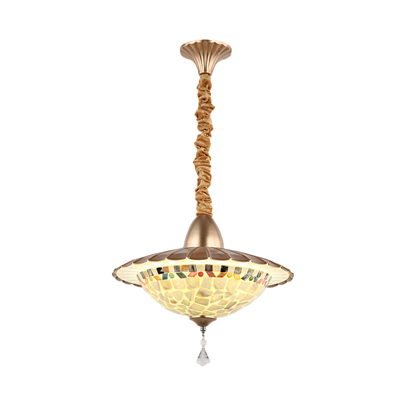 LED Bowl Chandelier Lighting Fixture Mediterranean White Cut Glass Suspension Pendant with Crystal Droplet White C Clearhalo 'Ceiling Lights' 'Chandeliers' 'Industrial' 'Middle Century Chandeliers' 'Tiffany Chandeliers' 'Tiffany close to ceiling' 'Tiffany' Lighting' 327733