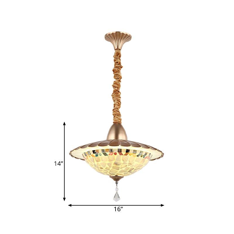 LED Bowl Chandelier Lighting Fixture Mediterranean White Cut Glass Suspension Pendant with Crystal Droplet Clearhalo 'Ceiling Lights' 'Chandeliers' 'Industrial' 'Middle Century Chandeliers' 'Tiffany Chandeliers' 'Tiffany close to ceiling' 'Tiffany' Lighting' 327734