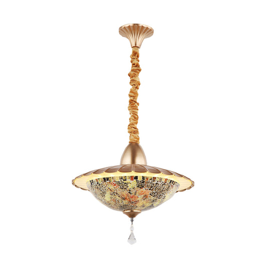 LED Bowl Chandelier Lighting Fixture Mediterranean White Cut Glass Suspension Pendant with Crystal Droplet White E Clearhalo 'Ceiling Lights' 'Chandeliers' 'Industrial' 'Middle Century Chandeliers' 'Tiffany Chandeliers' 'Tiffany close to ceiling' 'Tiffany' Lighting' 327737