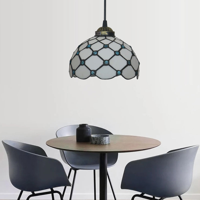 Black 1 Light Hanging Pendant Baroque Beige/Blue/Green Glass Domed Shade Drop Lamp for Dining Room Blue Clearhalo 'Ceiling Lights' 'Chandeliers' 'Industrial' 'Middle Century Pendants' 'Pendant Lights' 'Pendants' 'Tiffany close to ceiling' 'Tiffany Pendants' 'Tiffany' Lighting' 327766