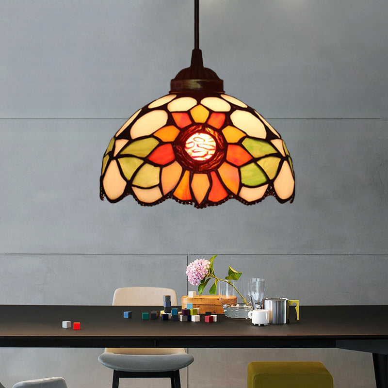 Victorian Floral Ceiling Pendant 1 Light Beige/Red/Pink Cut Glass Hanging Light Fixtures for Dining Room Clearhalo 'Ceiling Lights' 'Chandeliers' 'Industrial' 'Middle Century Pendants' 'Pendant Lights' 'Pendants' 'Tiffany close to ceiling' 'Tiffany Pendants' 'Tiffany' Lighting' 327832