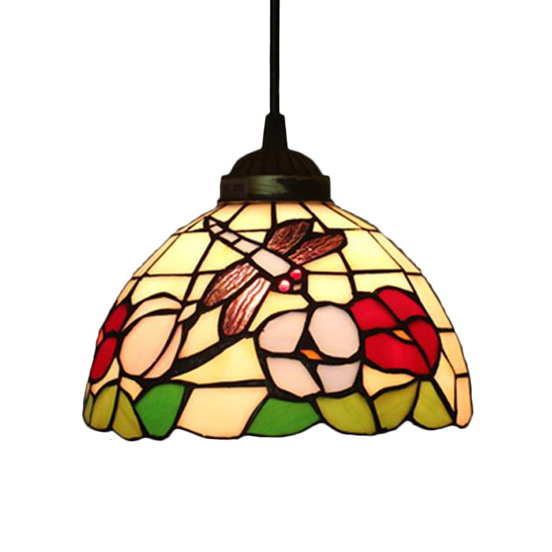 Victorian Floral Ceiling Pendant 1 Light Beige/Red/Pink Cut Glass Hanging Light Fixtures for Dining Room Beige Clearhalo 'Ceiling Lights' 'Chandeliers' 'Industrial' 'Middle Century Pendants' 'Pendant Lights' 'Pendants' 'Tiffany close to ceiling' 'Tiffany Pendants' 'Tiffany' Lighting' 327836