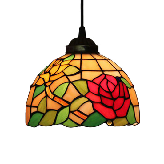 Victorian Floral Ceiling Pendant 1 Light Beige/Red/Pink Cut Glass Hanging Light Fixtures for Dining Room Red Clearhalo 'Ceiling Lights' 'Chandeliers' 'Industrial' 'Middle Century Pendants' 'Pendant Lights' 'Pendants' 'Tiffany close to ceiling' 'Tiffany Pendants' 'Tiffany' Lighting' 327842