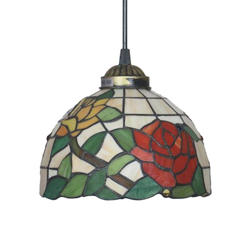 Victorian Floral Ceiling Pendant 1 Light Beige/Red/Pink Cut Glass Hanging Light Fixtures for Dining Room Clearhalo 'Ceiling Lights' 'Chandeliers' 'Industrial' 'Middle Century Pendants' 'Pendant Lights' 'Pendants' 'Tiffany close to ceiling' 'Tiffany Pendants' 'Tiffany' Lighting' 327843