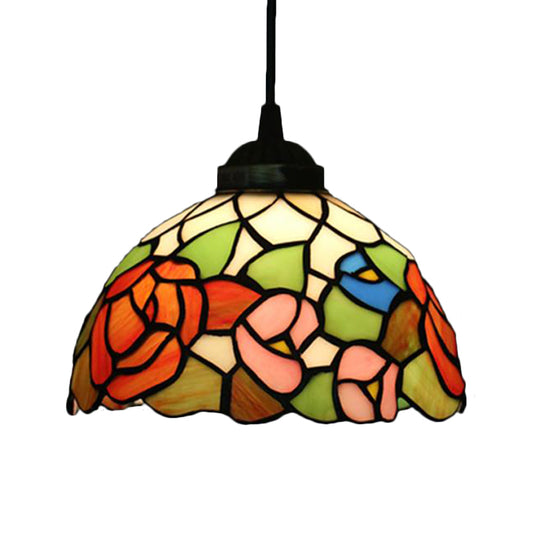 Victorian Floral Ceiling Pendant 1 Light Beige/Red/Pink Cut Glass Hanging Light Fixtures for Dining Room Green Clearhalo 'Ceiling Lights' 'Chandeliers' 'Industrial' 'Middle Century Pendants' 'Pendant Lights' 'Pendants' 'Tiffany close to ceiling' 'Tiffany Pendants' 'Tiffany' Lighting' 327845