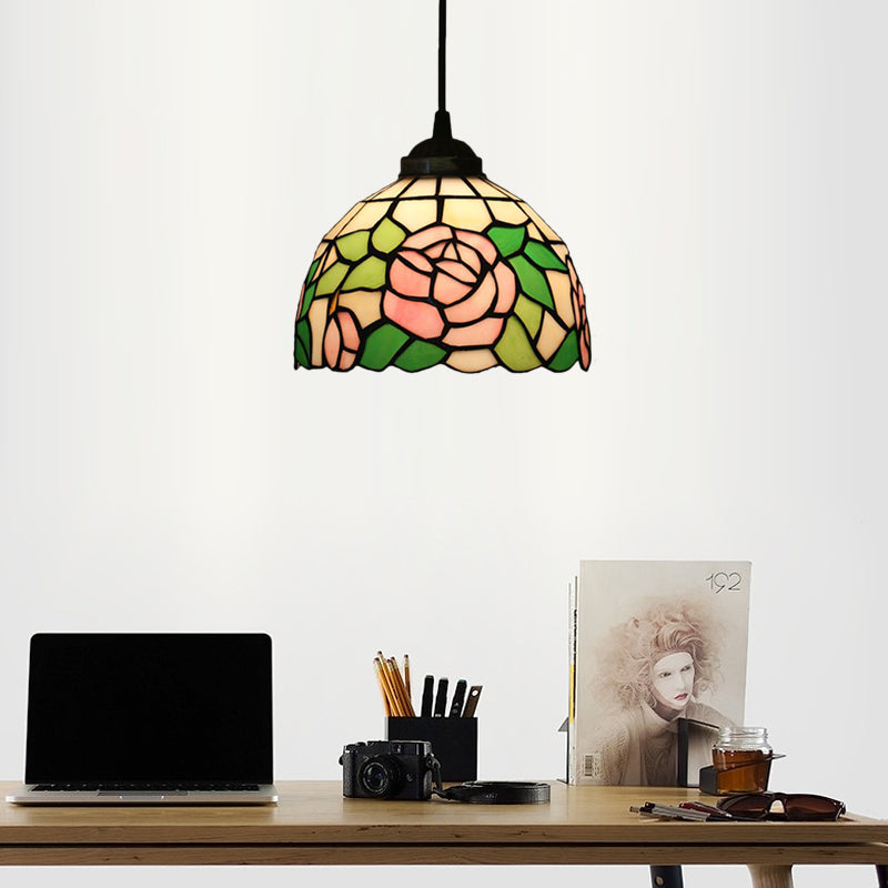 Blossom Pendant Light Fixture Tiffany Style Red/Pink/Green Cut Glass 1 Light Bronze Down Lighting for Dining Room Pink Clearhalo 'Ceiling Lights' 'Industrial' 'Middle Century Pendants' 'Pendant Lights' 'Pendants' 'Tiffany close to ceiling' 'Tiffany Pendants' 'Tiffany' Lighting' 327862