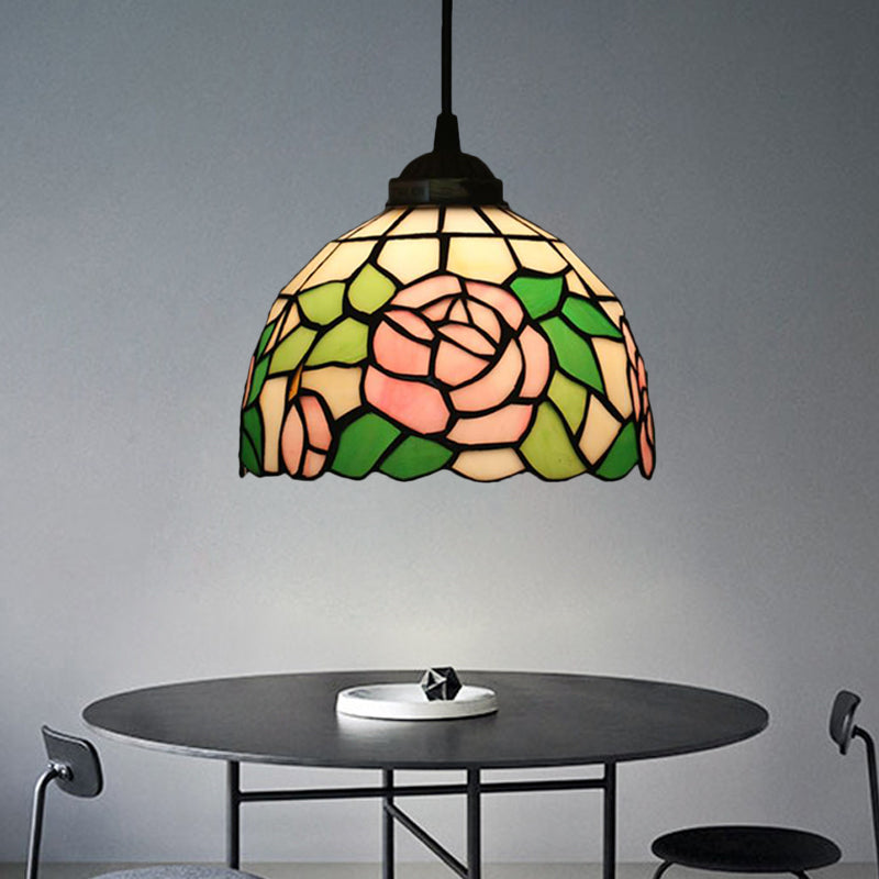 Blossom Pendant Light Fixture Tiffany Style Red/Pink/Green Cut Glass 1 Light Bronze Down Lighting for Dining Room Clearhalo 'Ceiling Lights' 'Industrial' 'Middle Century Pendants' 'Pendant Lights' 'Pendants' 'Tiffany close to ceiling' 'Tiffany Pendants' 'Tiffany' Lighting' 327863