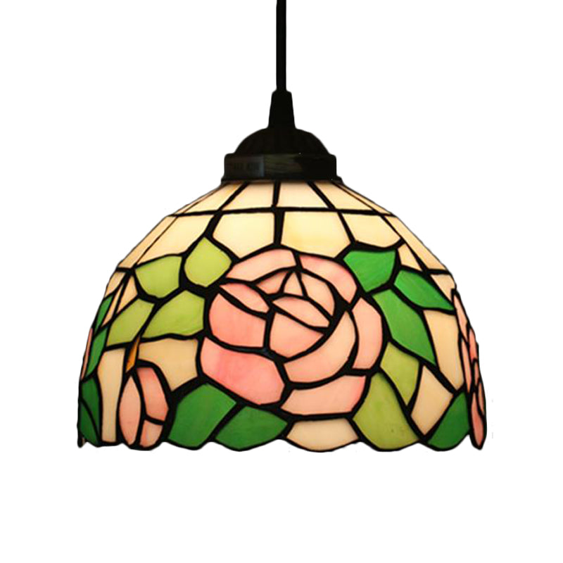 Blossom Pendant Light Fixture Tiffany Style Red/Pink/Green Cut Glass 1 Light Bronze Down Lighting for Dining Room Clearhalo 'Ceiling Lights' 'Industrial' 'Middle Century Pendants' 'Pendant Lights' 'Pendants' 'Tiffany close to ceiling' 'Tiffany Pendants' 'Tiffany' Lighting' 327864