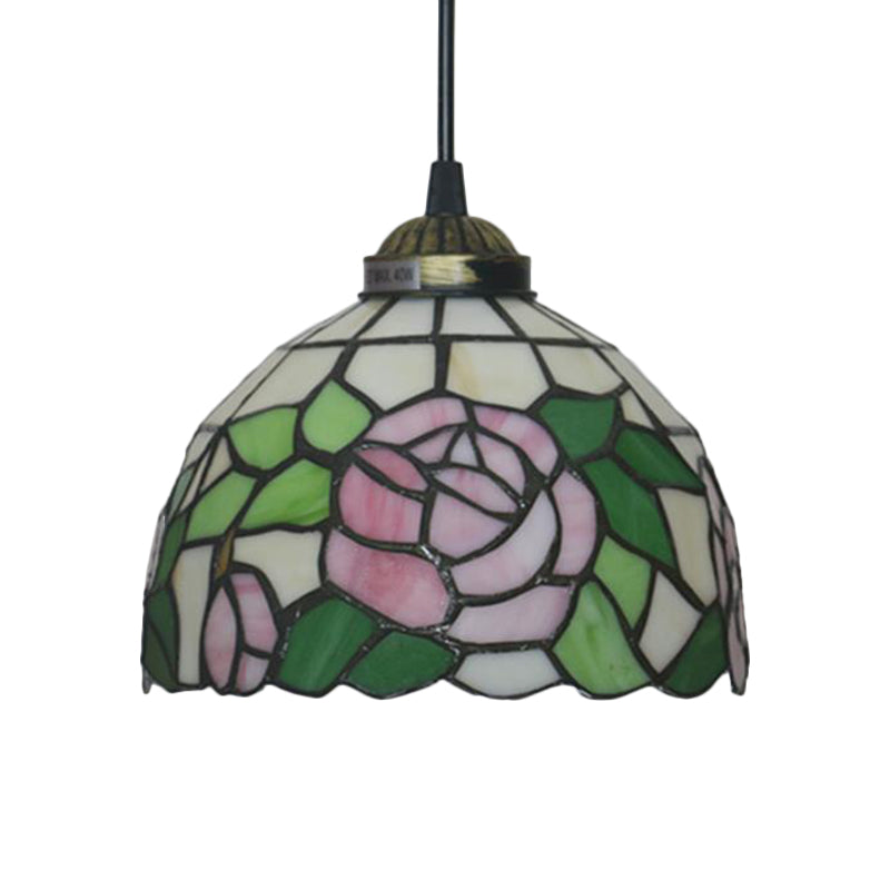 Blossom Pendant Light Fixture Tiffany Style Red/Pink/Green Cut Glass 1 Light Bronze Down Lighting for Dining Room Clearhalo 'Ceiling Lights' 'Industrial' 'Middle Century Pendants' 'Pendant Lights' 'Pendants' 'Tiffany close to ceiling' 'Tiffany Pendants' 'Tiffany' Lighting' 327865