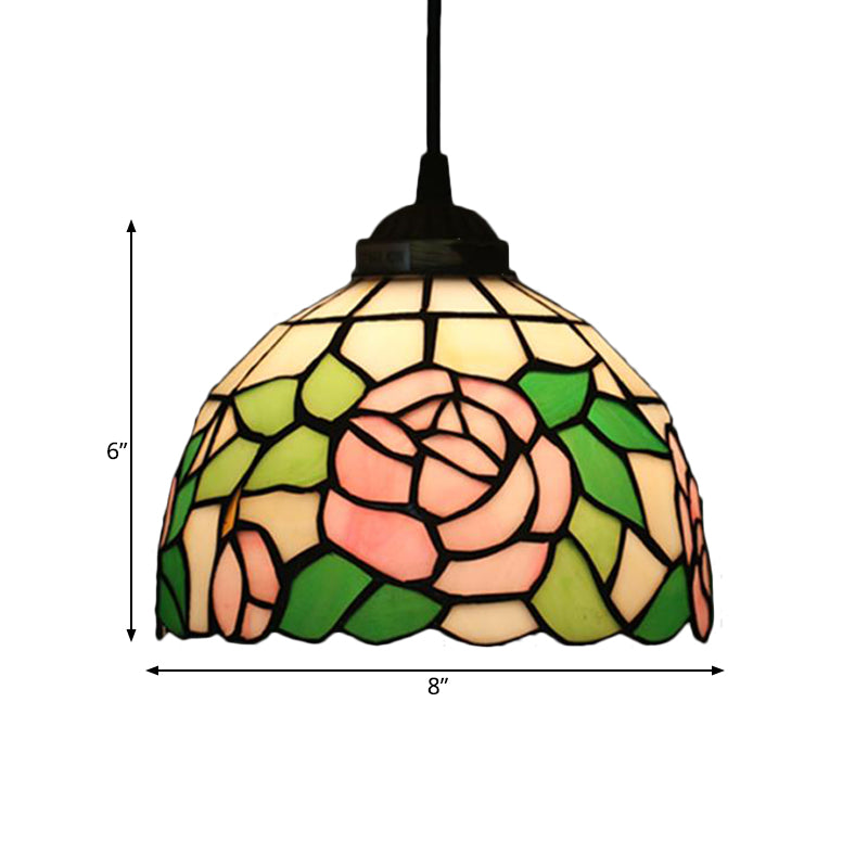 Blossom Pendant Light Fixture Tiffany Style Red/Pink/Green Cut Glass 1 Light Bronze Down Lighting for Dining Room Clearhalo 'Ceiling Lights' 'Industrial' 'Middle Century Pendants' 'Pendant Lights' 'Pendants' 'Tiffany close to ceiling' 'Tiffany Pendants' 'Tiffany' Lighting' 327866