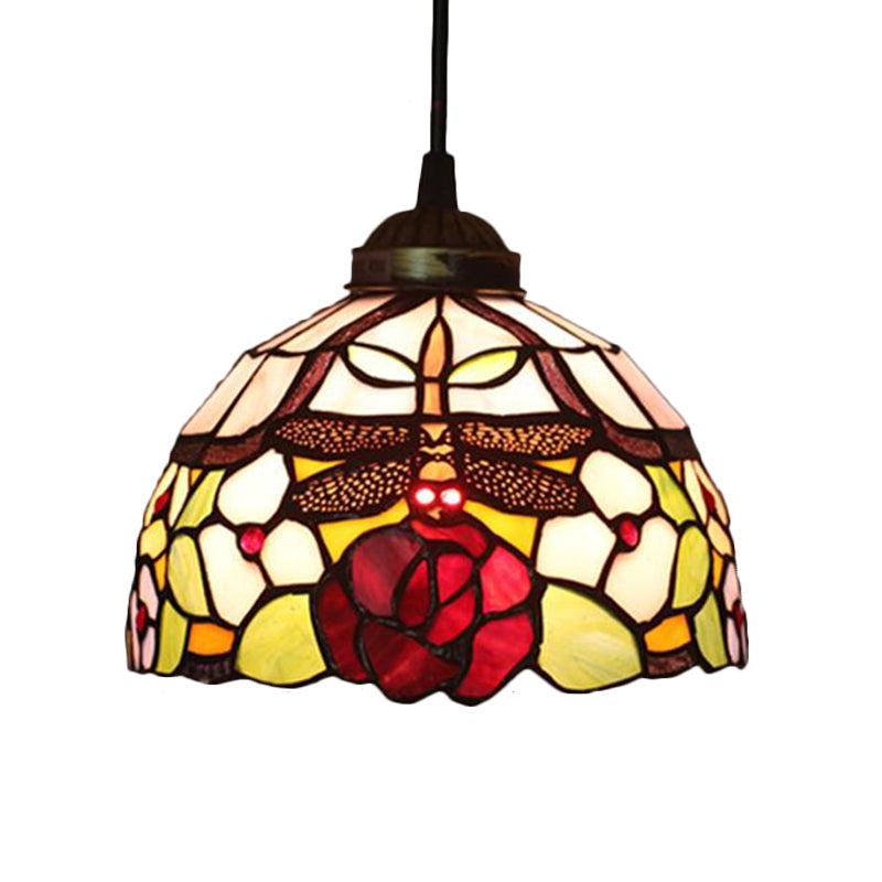 Blossom Pendant Light Fixture Tiffany Style Red/Pink/Green Cut Glass 1 Light Bronze Down Lighting for Dining Room Red Clearhalo 'Ceiling Lights' 'Industrial' 'Middle Century Pendants' 'Pendant Lights' 'Pendants' 'Tiffany close to ceiling' 'Tiffany Pendants' 'Tiffany' Lighting' 327867