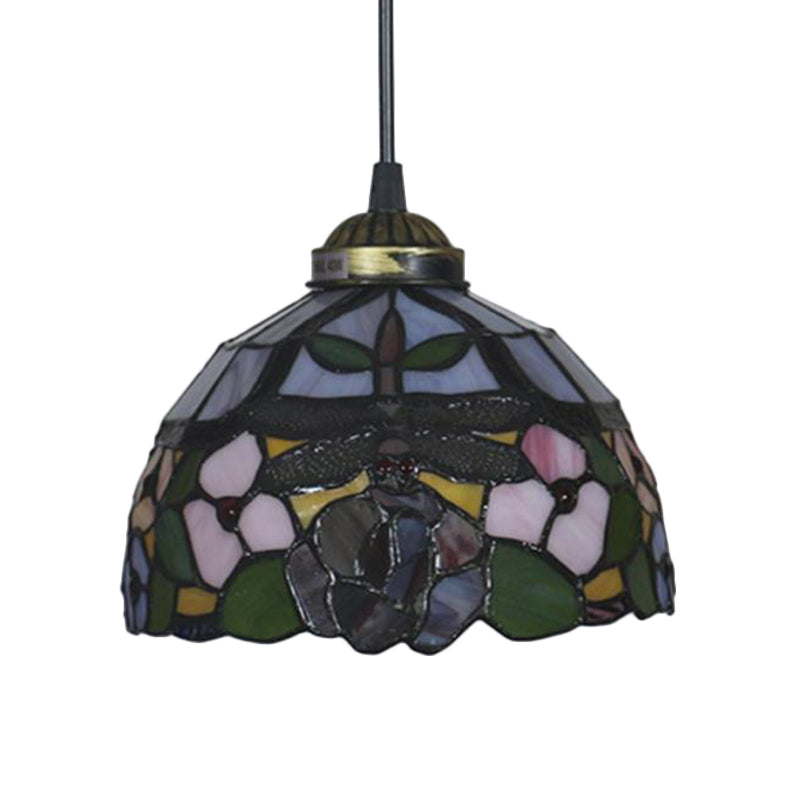 Blossom Pendant Light Fixture Tiffany Style Red/Pink/Green Cut Glass 1 Light Bronze Down Lighting for Dining Room Clearhalo 'Ceiling Lights' 'Industrial' 'Middle Century Pendants' 'Pendant Lights' 'Pendants' 'Tiffany close to ceiling' 'Tiffany Pendants' 'Tiffany' Lighting' 327868