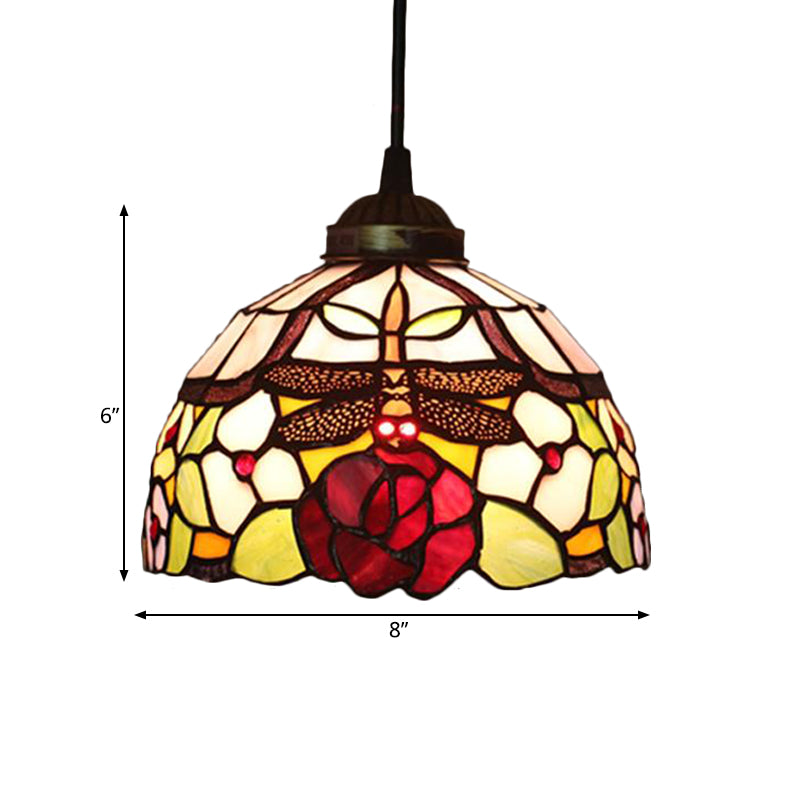 Blossom Pendant Light Fixture Tiffany Style Red/Pink/Green Cut Glass 1 Light Bronze Down Lighting for Dining Room Clearhalo 'Ceiling Lights' 'Industrial' 'Middle Century Pendants' 'Pendant Lights' 'Pendants' 'Tiffany close to ceiling' 'Tiffany Pendants' 'Tiffany' Lighting' 327869