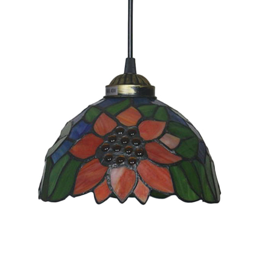 Blossom Pendant Light Fixture Tiffany Style Red/Pink/Green Cut Glass 1 Light Bronze Down Lighting for Dining Room Clearhalo 'Ceiling Lights' 'Industrial' 'Middle Century Pendants' 'Pendant Lights' 'Pendants' 'Tiffany close to ceiling' 'Tiffany Pendants' 'Tiffany' Lighting' 327871