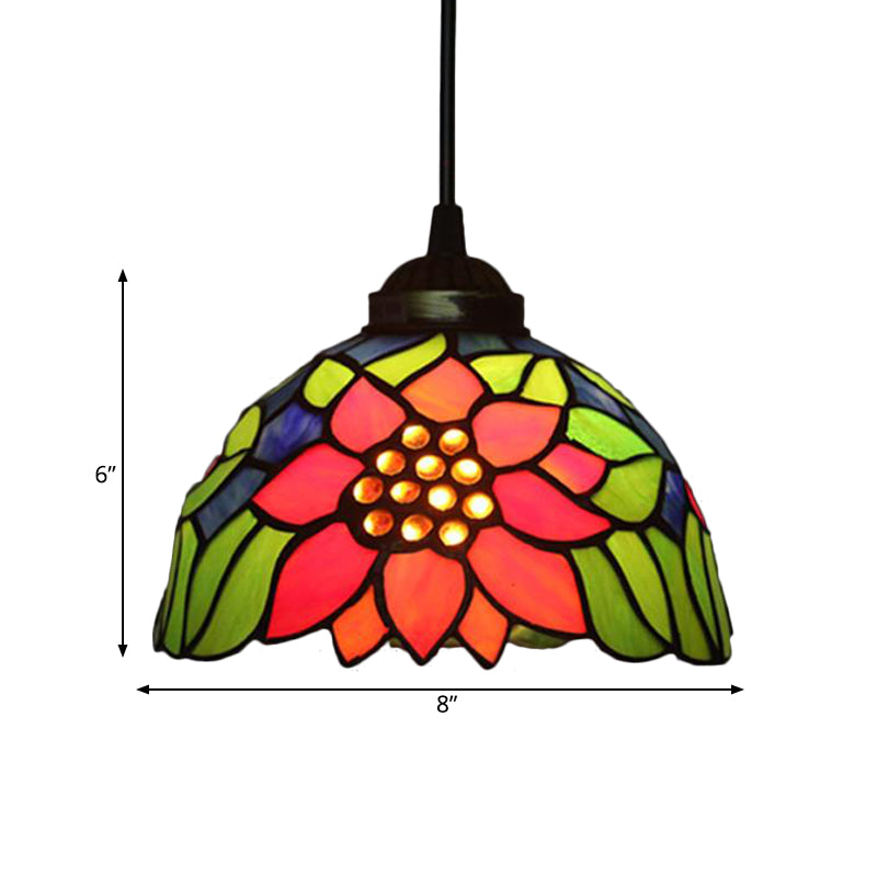 Blossom Pendant Light Fixture Tiffany Style Red/Pink/Green Cut Glass 1 Light Bronze Down Lighting for Dining Room Clearhalo 'Ceiling Lights' 'Industrial' 'Middle Century Pendants' 'Pendant Lights' 'Pendants' 'Tiffany close to ceiling' 'Tiffany Pendants' 'Tiffany' Lighting' 327872