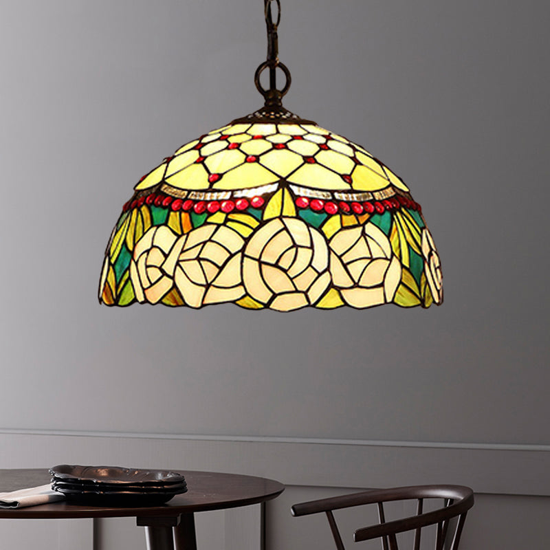 1/2 Lights Kitchen Chandelier Pendant Light Mediterranean Bronze Ceiling Lamp with Domed Red/Yellow Cut Glass Shade, 12"/16" W Clearhalo 'Ceiling Lights' 'Chandeliers' 'Industrial' 'Middle Century Chandeliers' 'Tiffany Chandeliers' 'Tiffany close to ceiling' 'Tiffany' Lighting' 327954