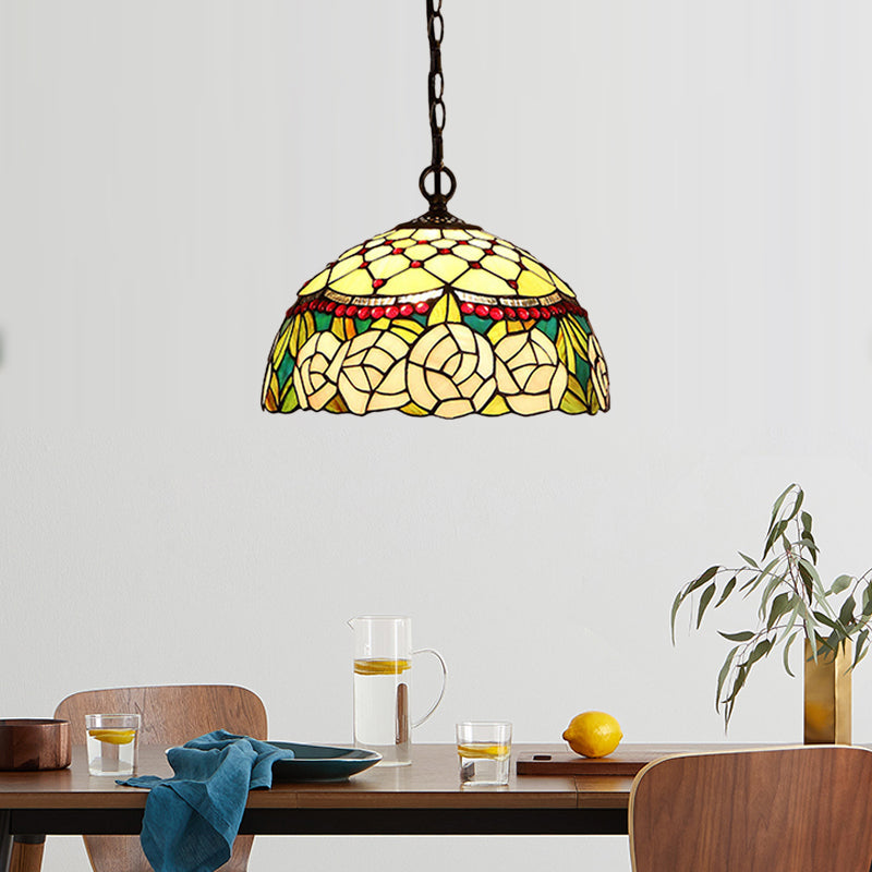 1/2 Lights Kitchen Chandelier Pendant Light Mediterranean Bronze Ceiling Lamp with Domed Red/Yellow Cut Glass Shade, 12"/16" W Clearhalo 'Ceiling Lights' 'Chandeliers' 'Industrial' 'Middle Century Chandeliers' 'Tiffany Chandeliers' 'Tiffany close to ceiling' 'Tiffany' Lighting' 327955
