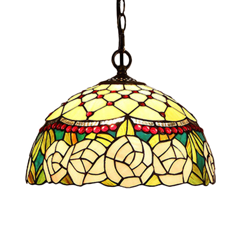 1/2 Lights Kitchen Chandelier Pendant Light Mediterranean Bronze Ceiling Lamp with Domed Red/Yellow Cut Glass Shade, 12"/16" W Clearhalo 'Ceiling Lights' 'Chandeliers' 'Industrial' 'Middle Century Chandeliers' 'Tiffany Chandeliers' 'Tiffany close to ceiling' 'Tiffany' Lighting' 327956