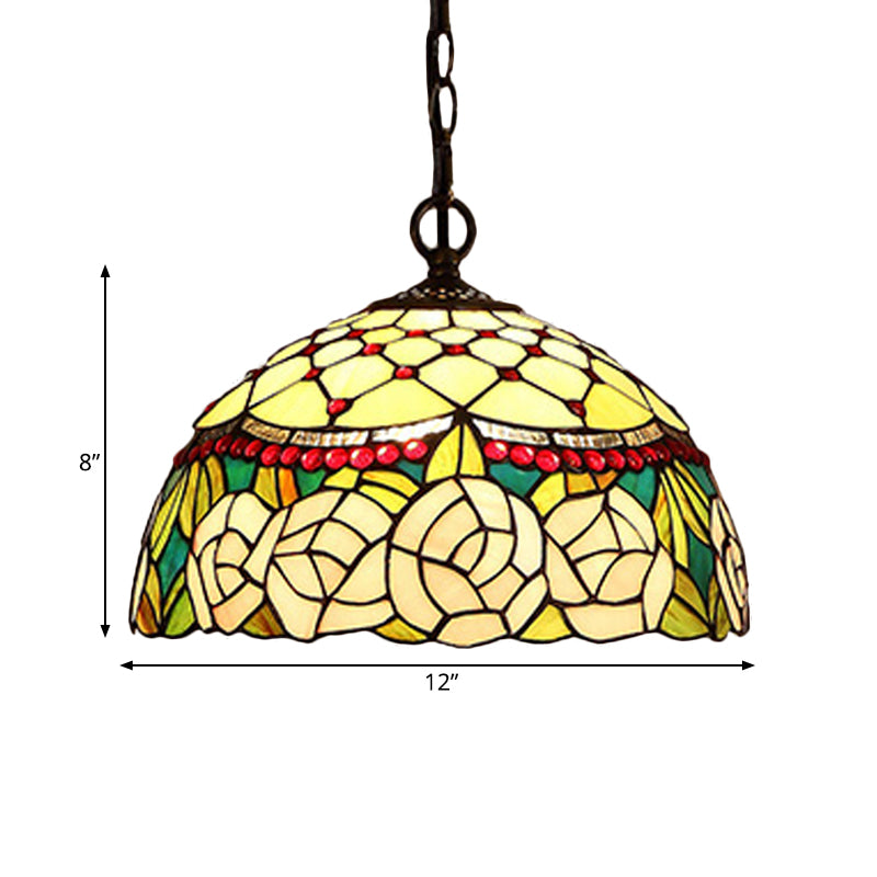 1/2 Lights Kitchen Chandelier Pendant Light Mediterranean Bronze Ceiling Lamp with Domed Red/Yellow Cut Glass Shade, 12"/16" W Clearhalo 'Ceiling Lights' 'Chandeliers' 'Industrial' 'Middle Century Chandeliers' 'Tiffany Chandeliers' 'Tiffany close to ceiling' 'Tiffany' Lighting' 327957