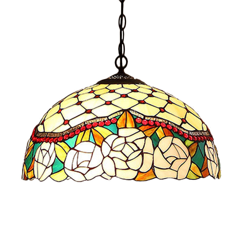 1/2 Lights Kitchen Chandelier Pendant Light Mediterranean Bronze Ceiling Lamp with Domed Red/Yellow Cut Glass Shade, 12"/16" W Yellow 16" Clearhalo 'Ceiling Lights' 'Chandeliers' 'Industrial' 'Middle Century Chandeliers' 'Tiffany Chandeliers' 'Tiffany close to ceiling' 'Tiffany' Lighting' 327958