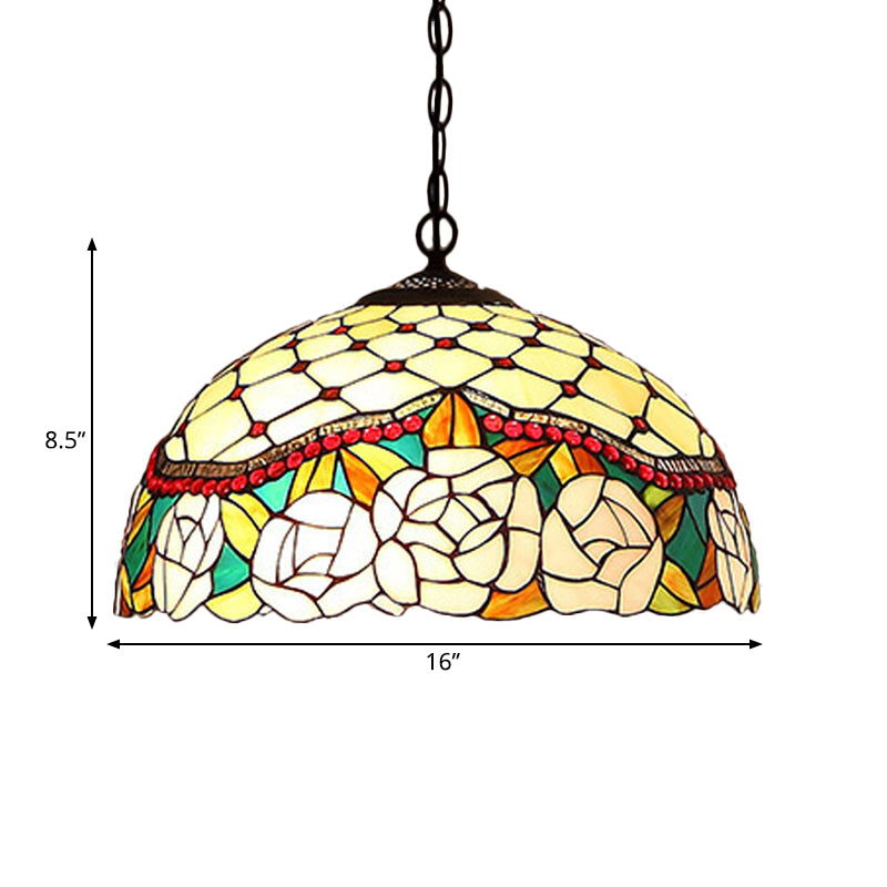 1/2 Lights Kitchen Chandelier Pendant Light Mediterranean Bronze Ceiling Lamp with Domed Red/Yellow Cut Glass Shade, 12"/16" W Clearhalo 'Ceiling Lights' 'Chandeliers' 'Industrial' 'Middle Century Chandeliers' 'Tiffany Chandeliers' 'Tiffany close to ceiling' 'Tiffany' Lighting' 327959