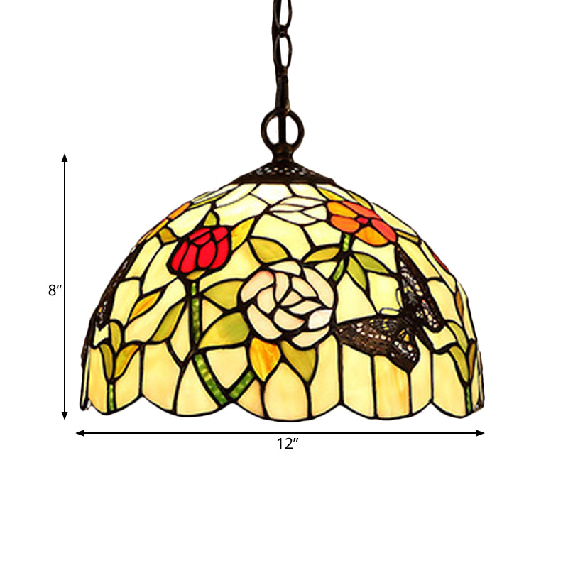 1/2 Lights Kitchen Chandelier Pendant Light Mediterranean Bronze Ceiling Lamp with Domed Red/Yellow Cut Glass Shade, 12"/16" W Clearhalo 'Ceiling Lights' 'Chandeliers' 'Industrial' 'Middle Century Chandeliers' 'Tiffany Chandeliers' 'Tiffany close to ceiling' 'Tiffany' Lighting' 327961