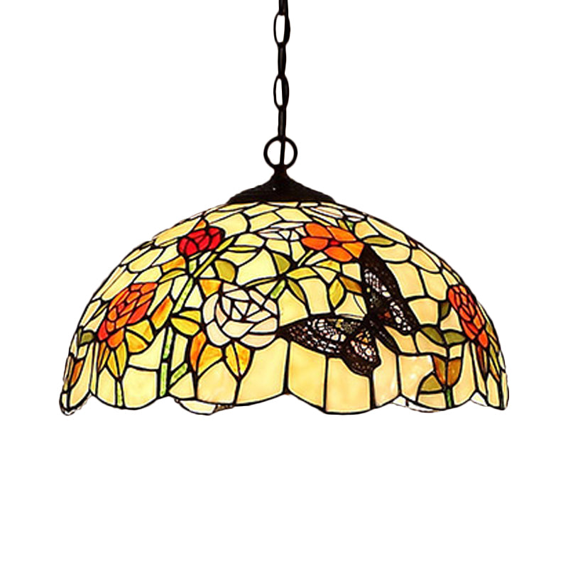 1/2 Lights Kitchen Chandelier Pendant Light Mediterranean Bronze Ceiling Lamp with Domed Red/Yellow Cut Glass Shade, 12"/16" W Red 16" Clearhalo 'Ceiling Lights' 'Chandeliers' 'Industrial' 'Middle Century Chandeliers' 'Tiffany Chandeliers' 'Tiffany close to ceiling' 'Tiffany' Lighting' 327962