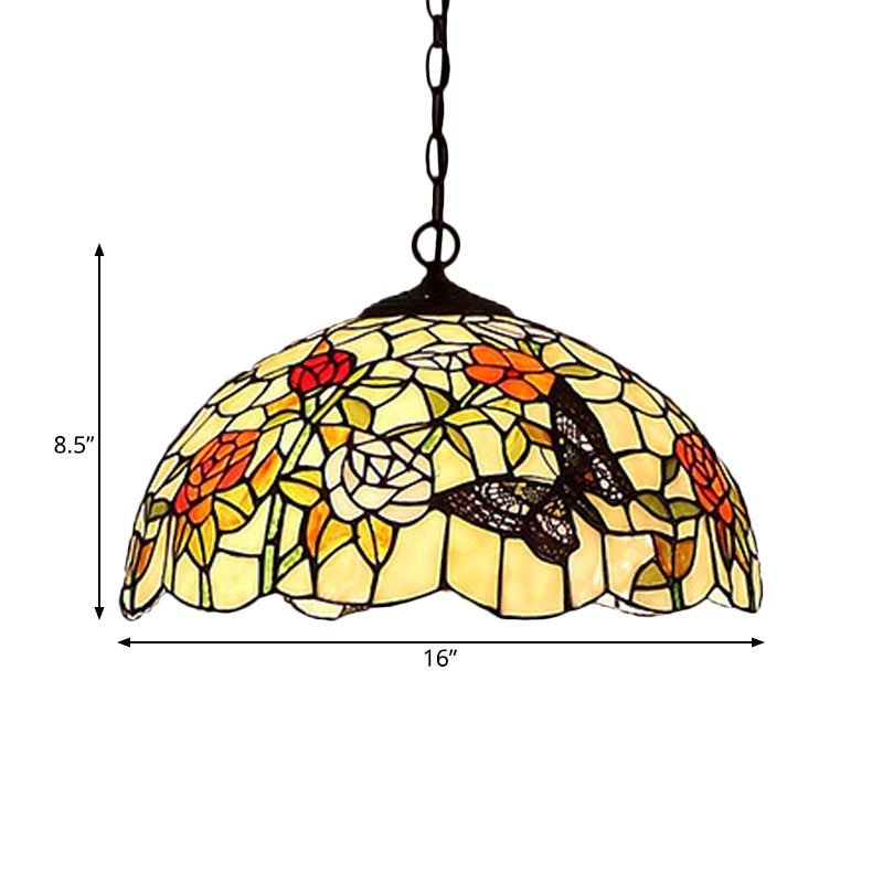 1/2 Lights Kitchen Chandelier Pendant Light Mediterranean Bronze Ceiling Lamp with Domed Red/Yellow Cut Glass Shade, 12"/16" W Clearhalo 'Ceiling Lights' 'Chandeliers' 'Industrial' 'Middle Century Chandeliers' 'Tiffany Chandeliers' 'Tiffany close to ceiling' 'Tiffany' Lighting' 327963