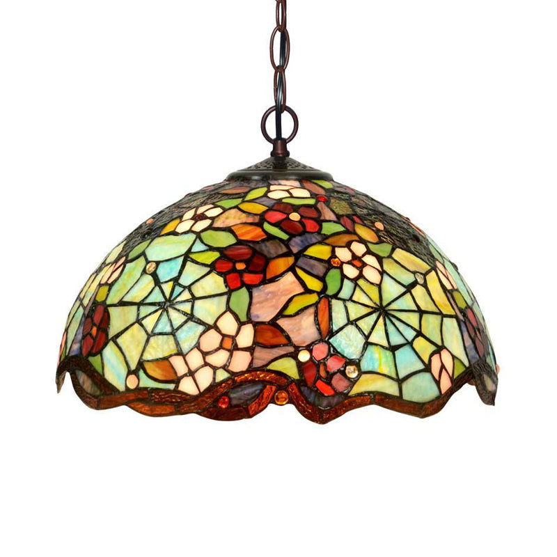 Bronze Flower Pendant Chandelier Victorian 2 Lights Red/Blue/Green Cut Glass Hanging Ceiling Light Green Clearhalo 'Ceiling Lights' 'Chandeliers' 'Industrial' 'Middle Century Chandeliers' 'Tiffany Chandeliers' 'Tiffany close to ceiling' 'Tiffany' Lighting' 328014
