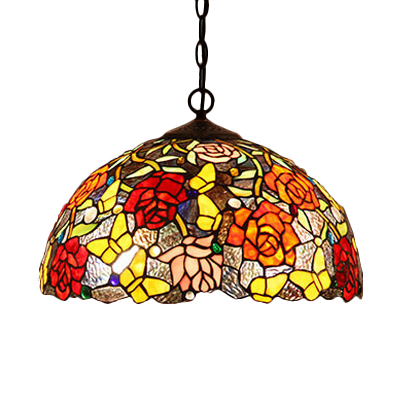 Bronze Flower Pendant Chandelier Victorian 2 Lights Red/Blue/Green Cut Glass Hanging Ceiling Light Red Clearhalo 'Ceiling Lights' 'Chandeliers' 'Industrial' 'Middle Century Chandeliers' 'Tiffany Chandeliers' 'Tiffany close to ceiling' 'Tiffany' Lighting' 328016