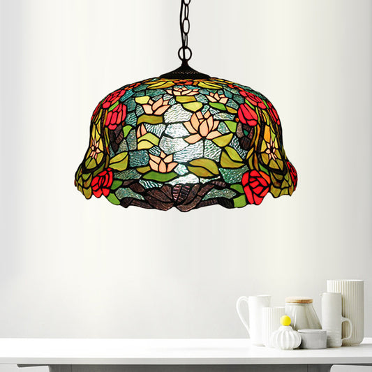 Blossom Red/Orange/Green Cut Glass Hanging Chandelier 3 Lights Bronze Ceiling Pendant Light for Kitchen Clearhalo 'Ceiling Lights' 'Chandeliers' 'Industrial' 'Middle Century Chandeliers' 'Tiffany Chandeliers' 'Tiffany close to ceiling' 'Tiffany' Lighting' 328033
