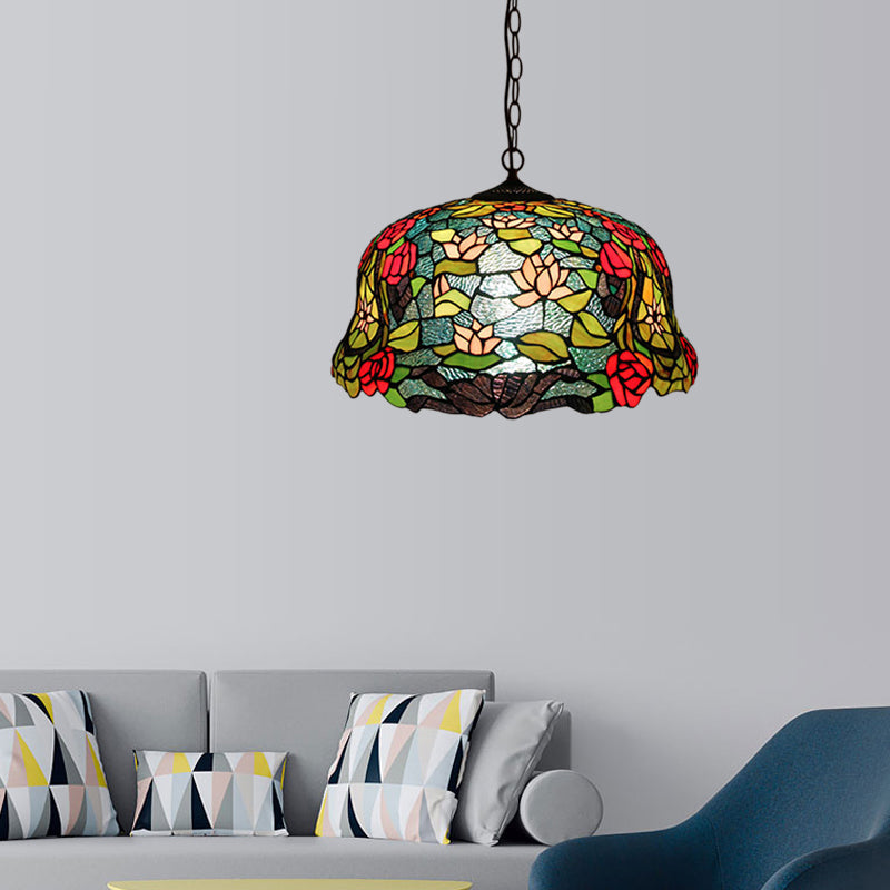 Blossom Red/Orange/Green Cut Glass Hanging Chandelier 3 Lights Bronze Ceiling Pendant Light for Kitchen Clearhalo 'Ceiling Lights' 'Chandeliers' 'Industrial' 'Middle Century Chandeliers' 'Tiffany Chandeliers' 'Tiffany close to ceiling' 'Tiffany' Lighting' 328034
