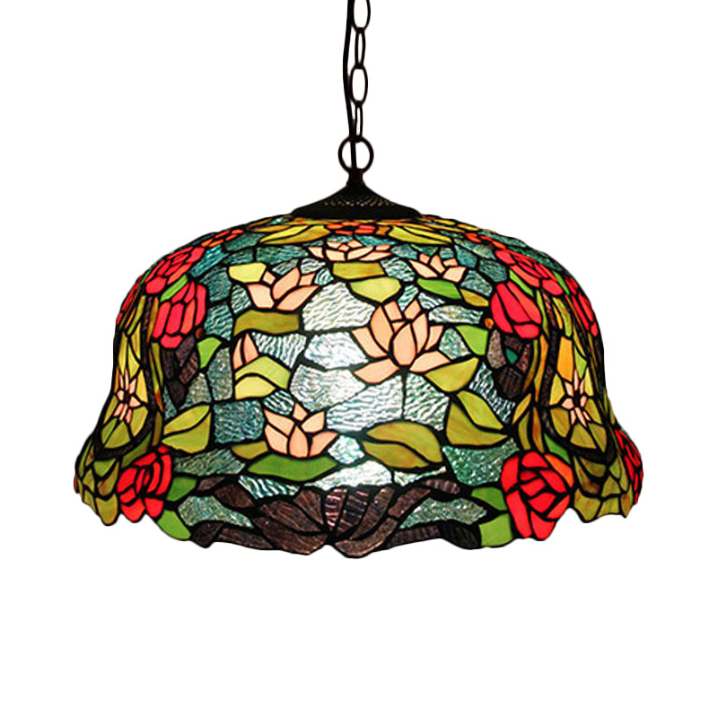 Blossom Red/Orange/Green Cut Glass Hanging Chandelier 3 Lights Bronze Ceiling Pendant Light for Kitchen Clearhalo 'Ceiling Lights' 'Chandeliers' 'Industrial' 'Middle Century Chandeliers' 'Tiffany Chandeliers' 'Tiffany close to ceiling' 'Tiffany' Lighting' 328035