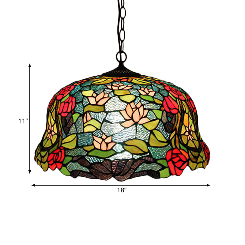 Blossom Red/Orange/Green Cut Glass Hanging Chandelier 3 Lights Bronze Ceiling Pendant Light for Kitchen Clearhalo 'Ceiling Lights' 'Chandeliers' 'Industrial' 'Middle Century Chandeliers' 'Tiffany Chandeliers' 'Tiffany close to ceiling' 'Tiffany' Lighting' 328036