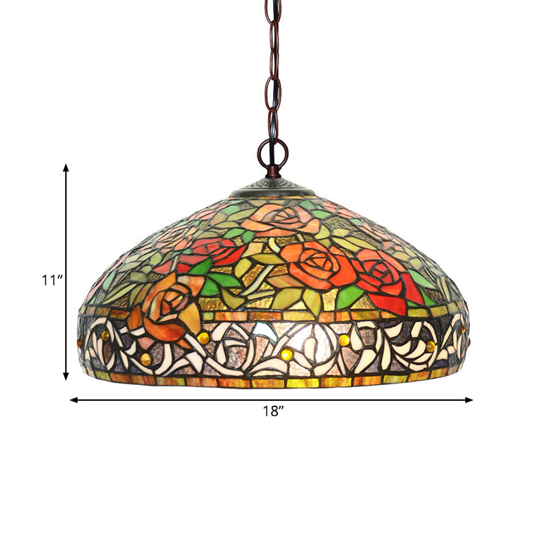 Blossom Red/Orange/Green Cut Glass Hanging Chandelier 3 Lights Bronze Ceiling Pendant Light for Kitchen Clearhalo 'Ceiling Lights' 'Chandeliers' 'Industrial' 'Middle Century Chandeliers' 'Tiffany Chandeliers' 'Tiffany close to ceiling' 'Tiffany' Lighting' 328040