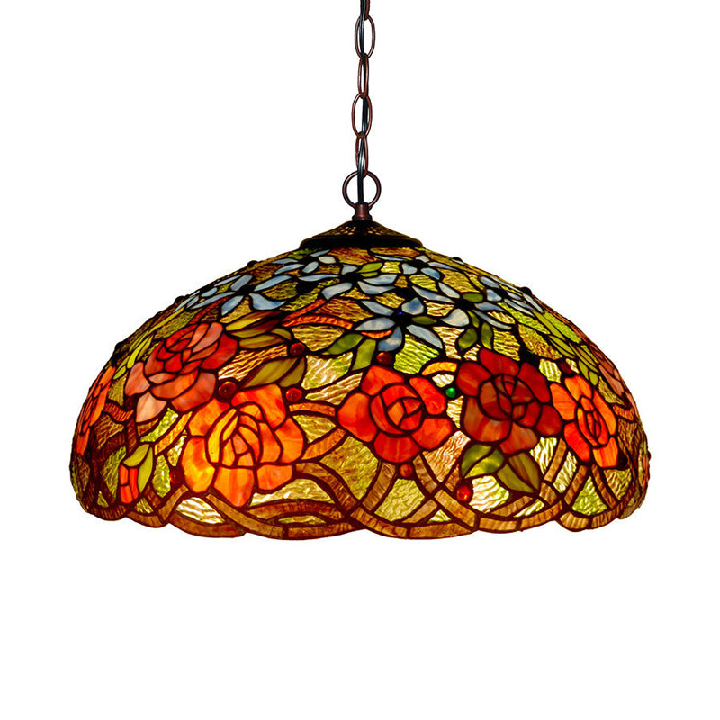 Blossom Red/Orange/Green Cut Glass Hanging Chandelier 3 Lights Bronze Ceiling Pendant Light for Kitchen Red Clearhalo 'Ceiling Lights' 'Chandeliers' 'Industrial' 'Middle Century Chandeliers' 'Tiffany Chandeliers' 'Tiffany close to ceiling' 'Tiffany' Lighting' 328041