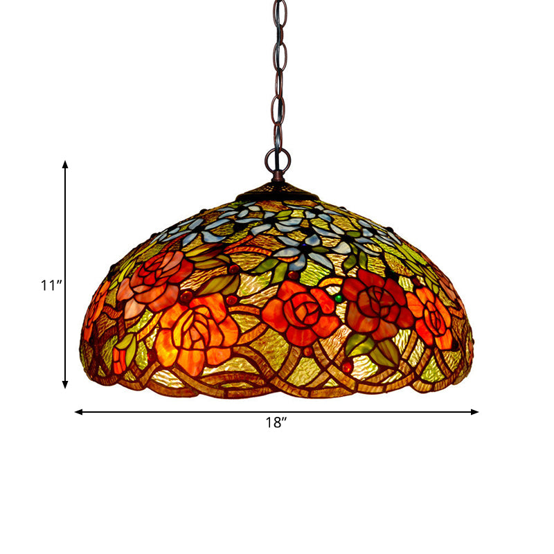 Blossom Red/Orange/Green Cut Glass Hanging Chandelier 3 Lights Bronze Ceiling Pendant Light for Kitchen Clearhalo 'Ceiling Lights' 'Chandeliers' 'Industrial' 'Middle Century Chandeliers' 'Tiffany Chandeliers' 'Tiffany close to ceiling' 'Tiffany' Lighting' 328042