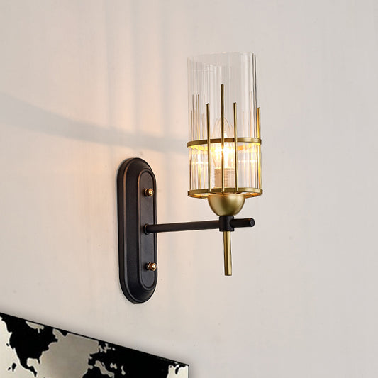 1 Bulb Wall Light Sconce Traditional Living Room Wall Lighting Fixture with Cylinder Clear Glass Shade in Gold Clearhalo 'Wall Lamps & Sconces' 'Wall Lights' Lighting' 328249