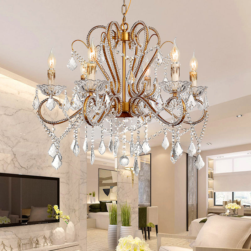 6/8 Lights Curving Chandelier Lighting Rural Style Brass Crystal Hanging Ceiling Light for Living Room Clearhalo 'Ceiling Lights' 'Chandeliers' Lighting' options 329013