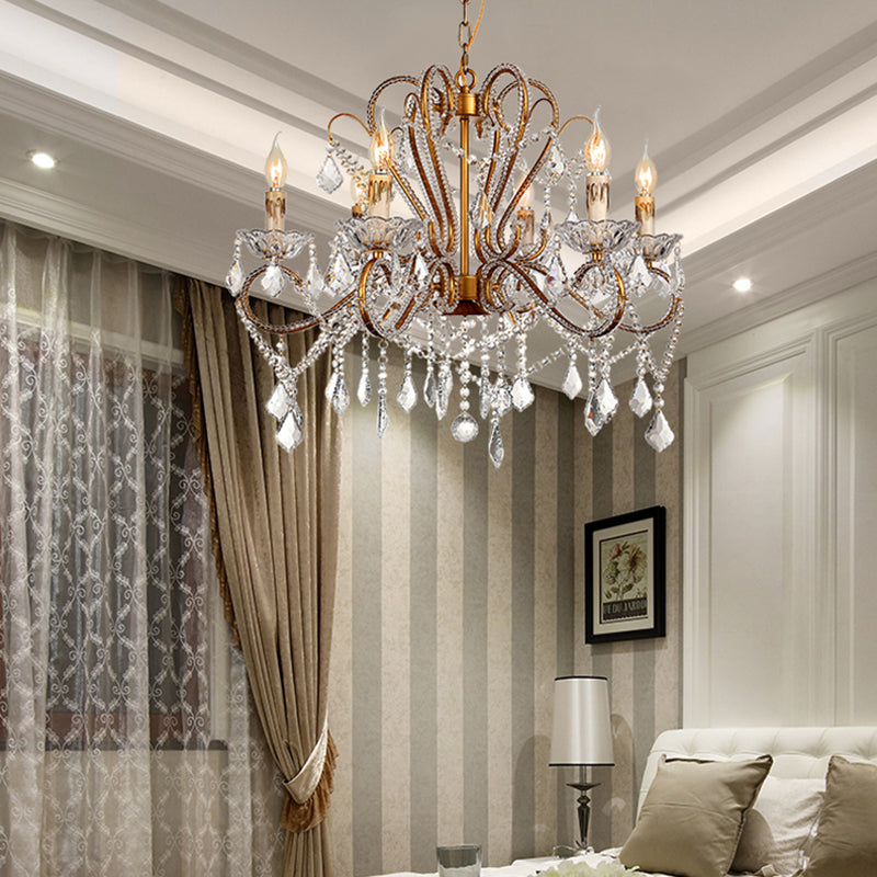 6/8 Lights Curving Chandelier Lighting Rural Style Brass Crystal Hanging Ceiling Light for Living Room Clearhalo 'Ceiling Lights' 'Chandeliers' Lighting' options 329014