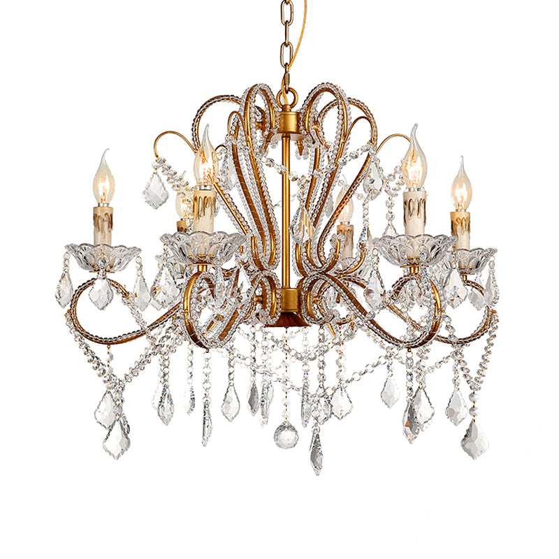 6/8 Lights Curving Chandelier Lighting Rural Style Brass Crystal Hanging Ceiling Light for Living Room Clearhalo 'Ceiling Lights' 'Chandeliers' Lighting' options 329015