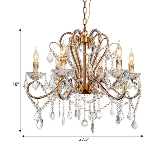 6/8 Lights Curving Chandelier Lighting Rural Style Brass Crystal Hanging Ceiling Light for Living Room Clearhalo 'Ceiling Lights' 'Chandeliers' Lighting' options 329016