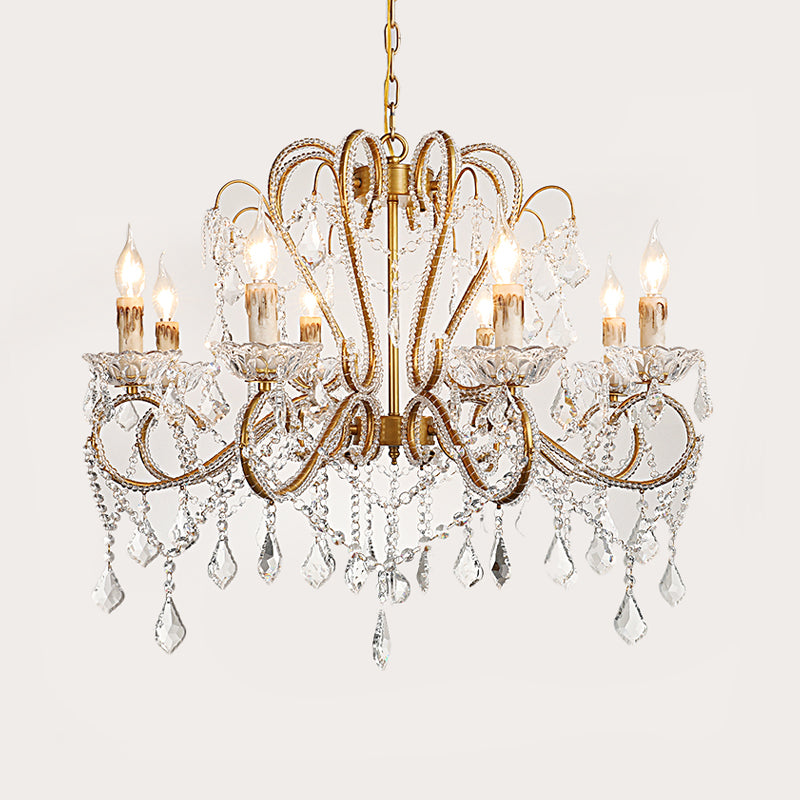 6/8 Lights Curving Chandelier Lighting Rural Style Brass Crystal Hanging Ceiling Light for Living Room 8 Brass Clearhalo 'Ceiling Lights' 'Chandeliers' Lighting' options 329017_6badd1fd-85c0-4c74-aa63-d568bdd5259d