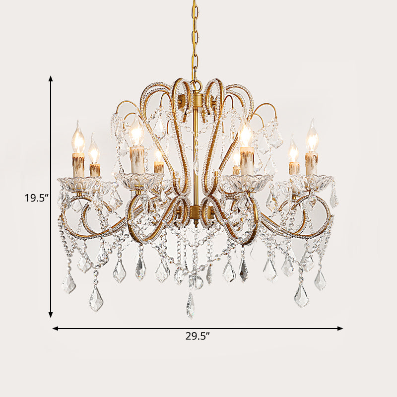 6/8 Lights Curving Chandelier Lighting Rural Style Brass Crystal Hanging Ceiling Light for Living Room Clearhalo 'Ceiling Lights' 'Chandeliers' Lighting' options 329018