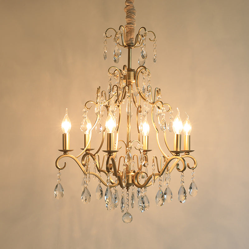 6 Lights Chandelier Lamp Lodge Curvy Arm Crystal Pendant Light Fixture in Gold for Bedroom Gold Clearhalo 'Ceiling Lights' 'Chandeliers' Lighting' options 329019_f29149a4-f6da-423f-ac1f-69f2a4481751