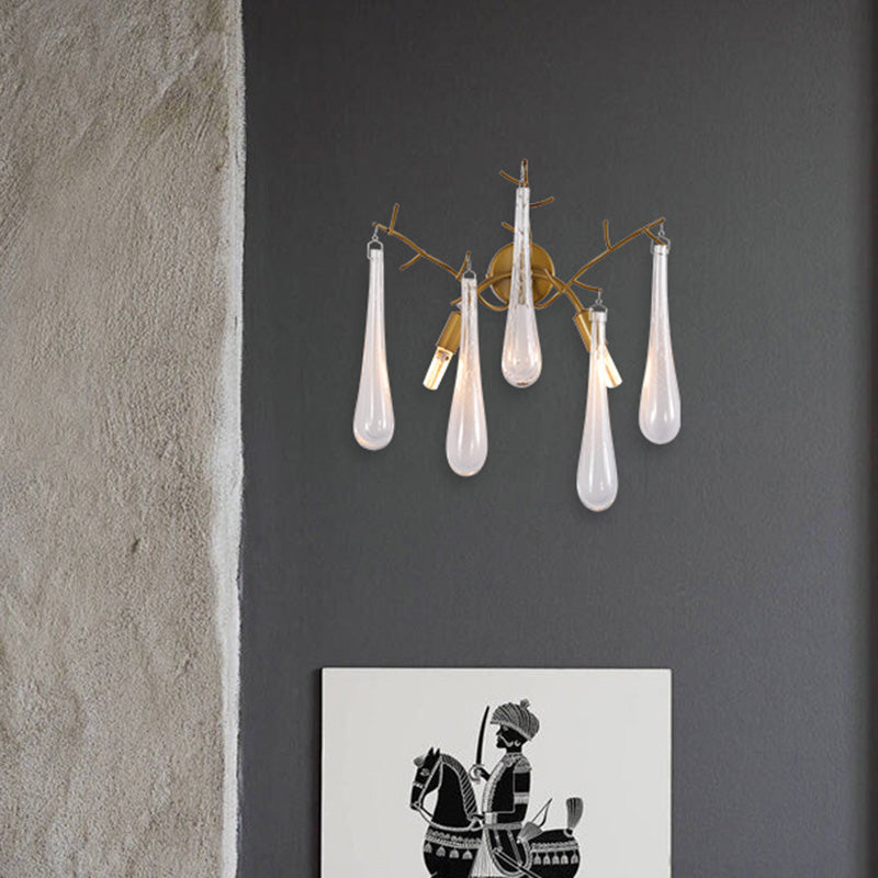 Traditionalism Raindrop Wall Mount Lamp 2 Heads Clear Glass Wall Sconce Light in Gold Gold Clearhalo 'Wall Lamps & Sconces' 'Wall Lights' Lighting' 329030