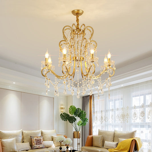 Candle Crystal Pendant Chandelier Traditional-Style 4/6/8 Lights Living Room Hanging Light Fixture in Gold Clearhalo 'Ceiling Lights' 'Chandeliers' Lighting' options 329064