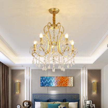 Candle Crystal Pendant Chandelier Traditional-Style 4/6/8 Lights Living Room Hanging Light Fixture in Gold 4 Gold Clearhalo 'Ceiling Lights' 'Chandeliers' Lighting' options 329070_8f9e128b-cad4-4276-be14-be1e945e15c5